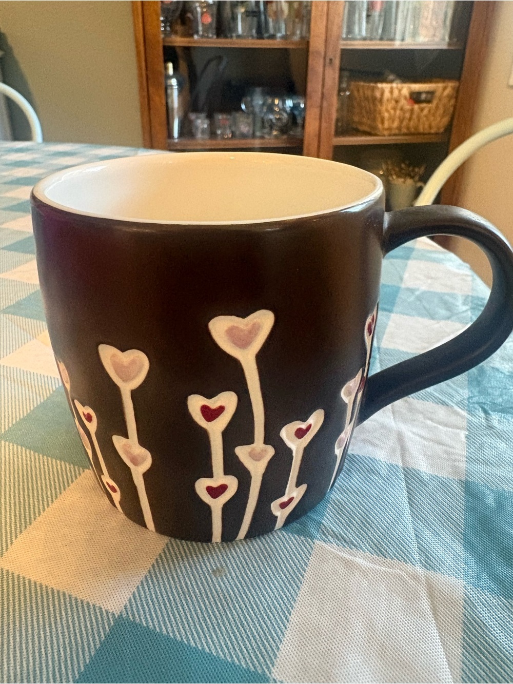 Starbucks Dark Brown Mug with Cream Interior and Pink & Red Heart Accents